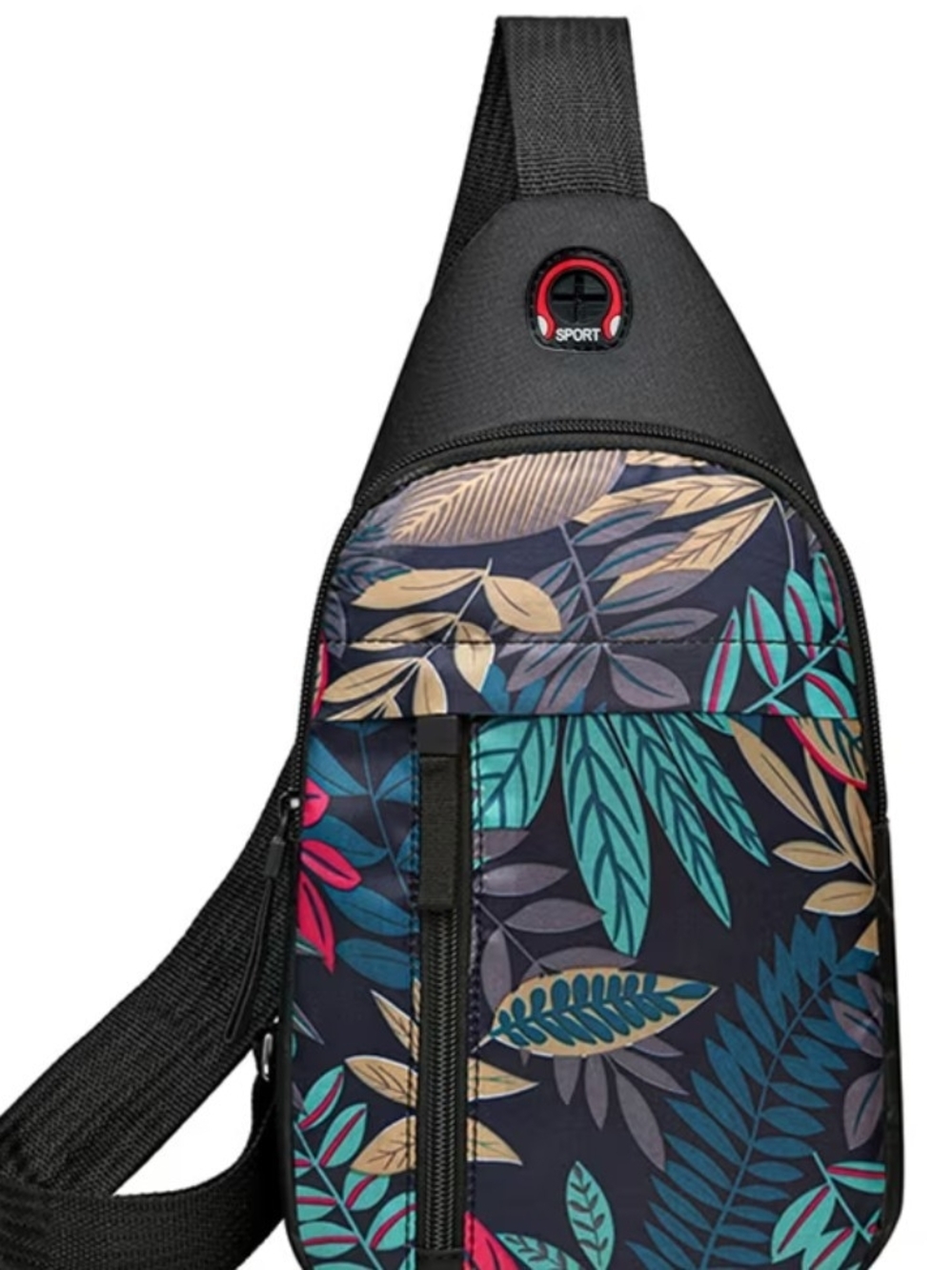 Floral Sling Crossbody Bag - Black with Teal & Beige Leaves